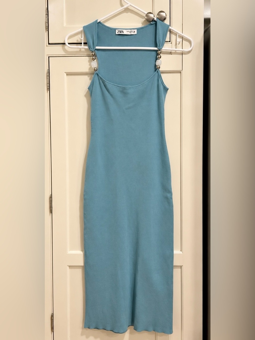 Zara Light Blue Midi Dress with Beaded Strap Accents